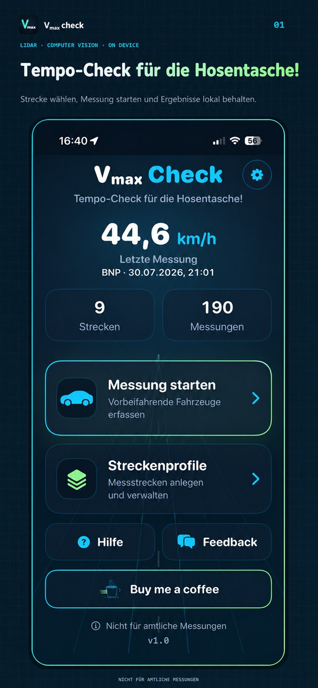 Vmax check Startansicht mit lokalem Messablauf und App-Store-Hinweis.