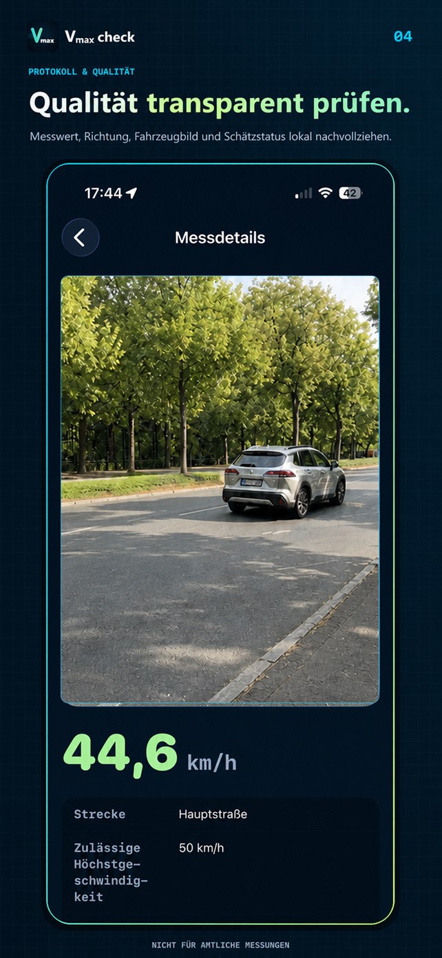 Lokale Messdetails mit Geschwindigkeit, Richtung, Fahrzeugbild und Qualitätsstatus.