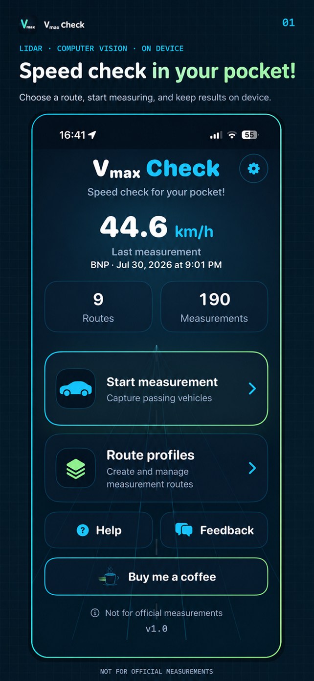 Vmax check home screen with a local measurement workflow and App Store link.