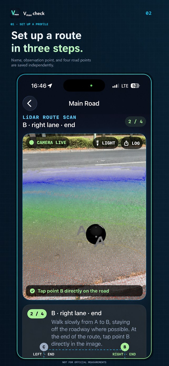 Guided route setup in three separate steps.