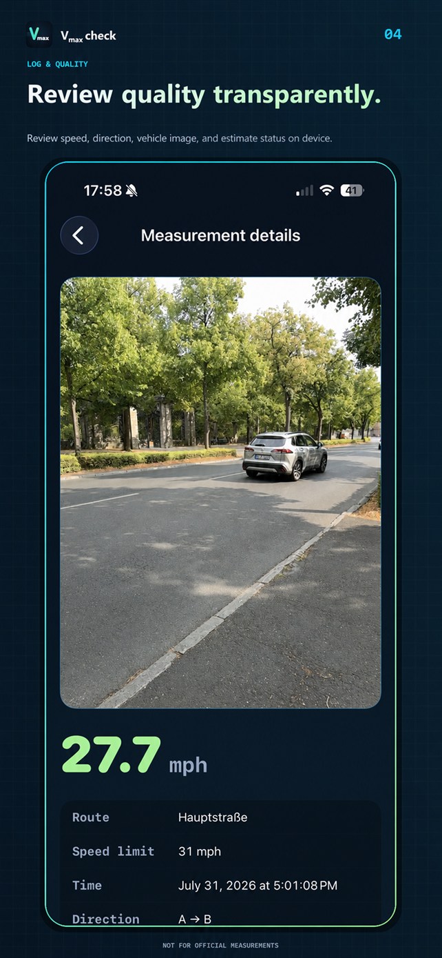 Local measurement details with speed, direction, vehicle image, and quality status.